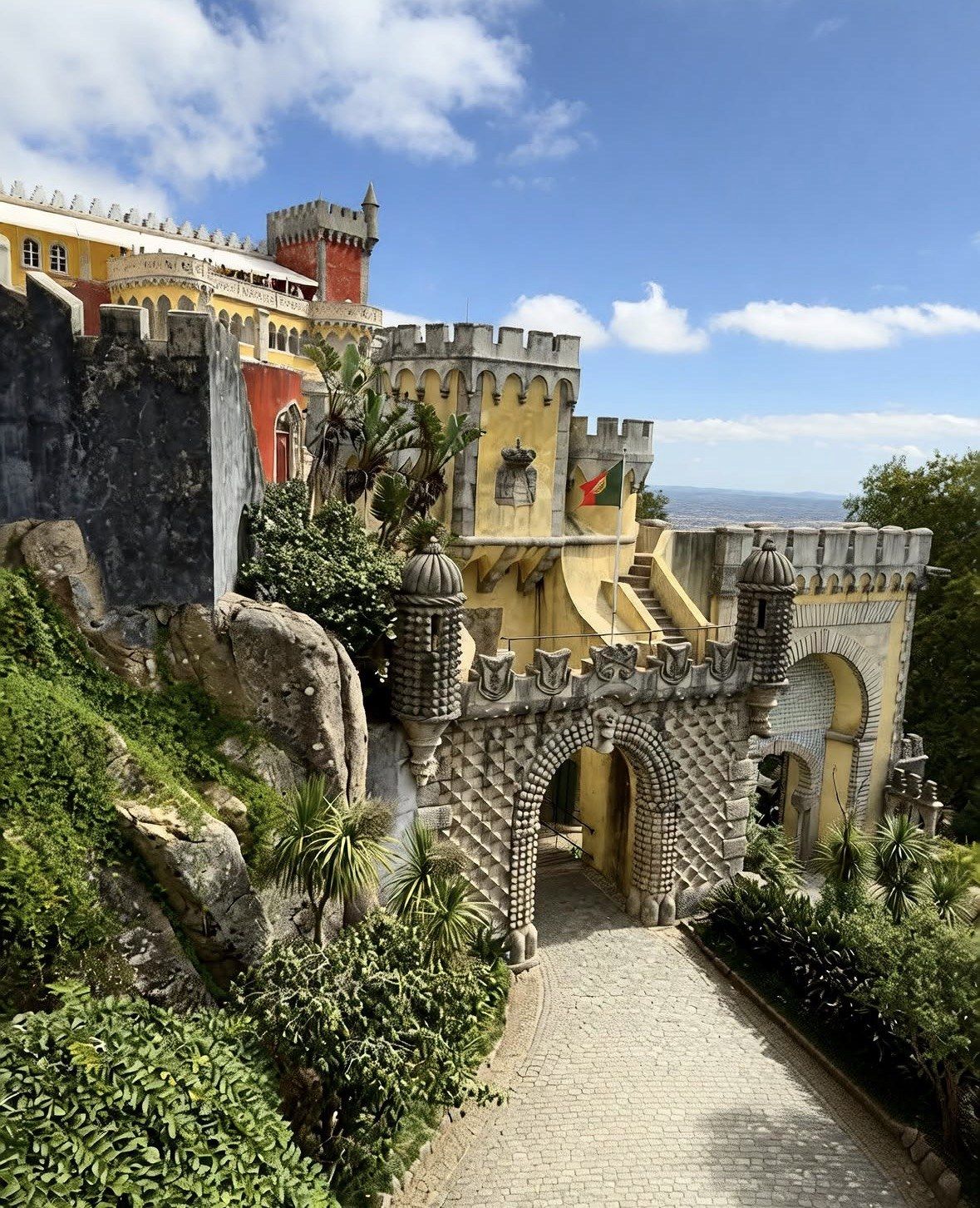 Arched gateway and Portuguese flag at the entrance to Pena Palace