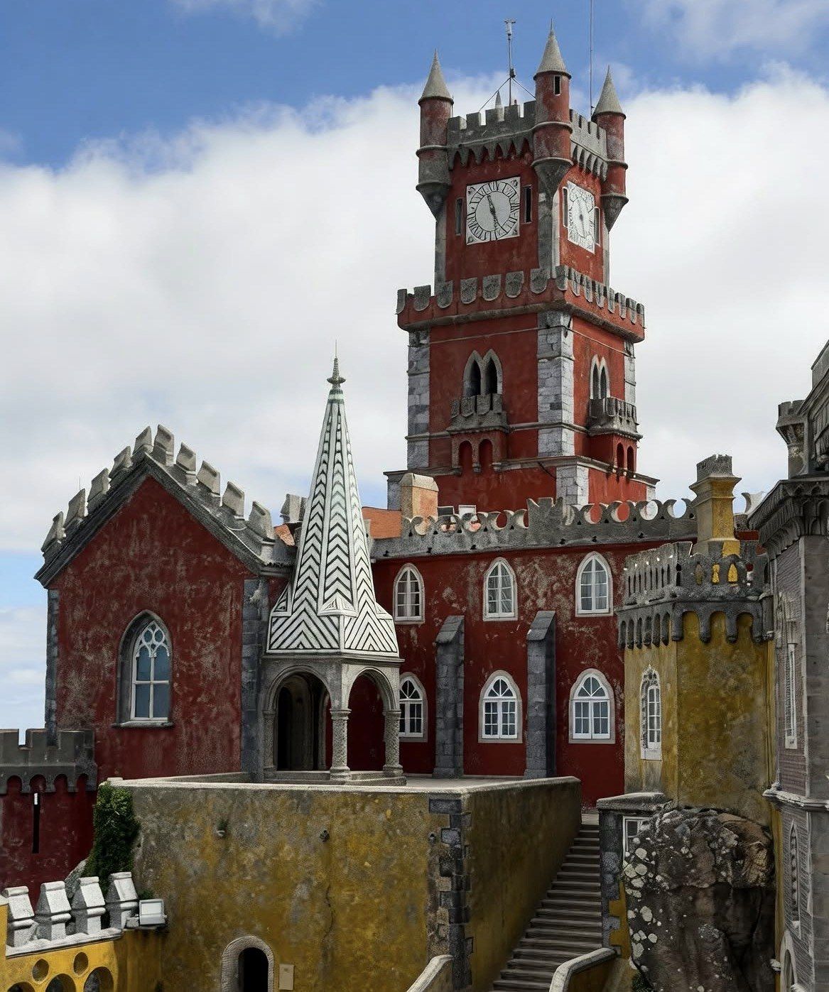 Red clock tower and chapel spire of Pena Palace under clouds